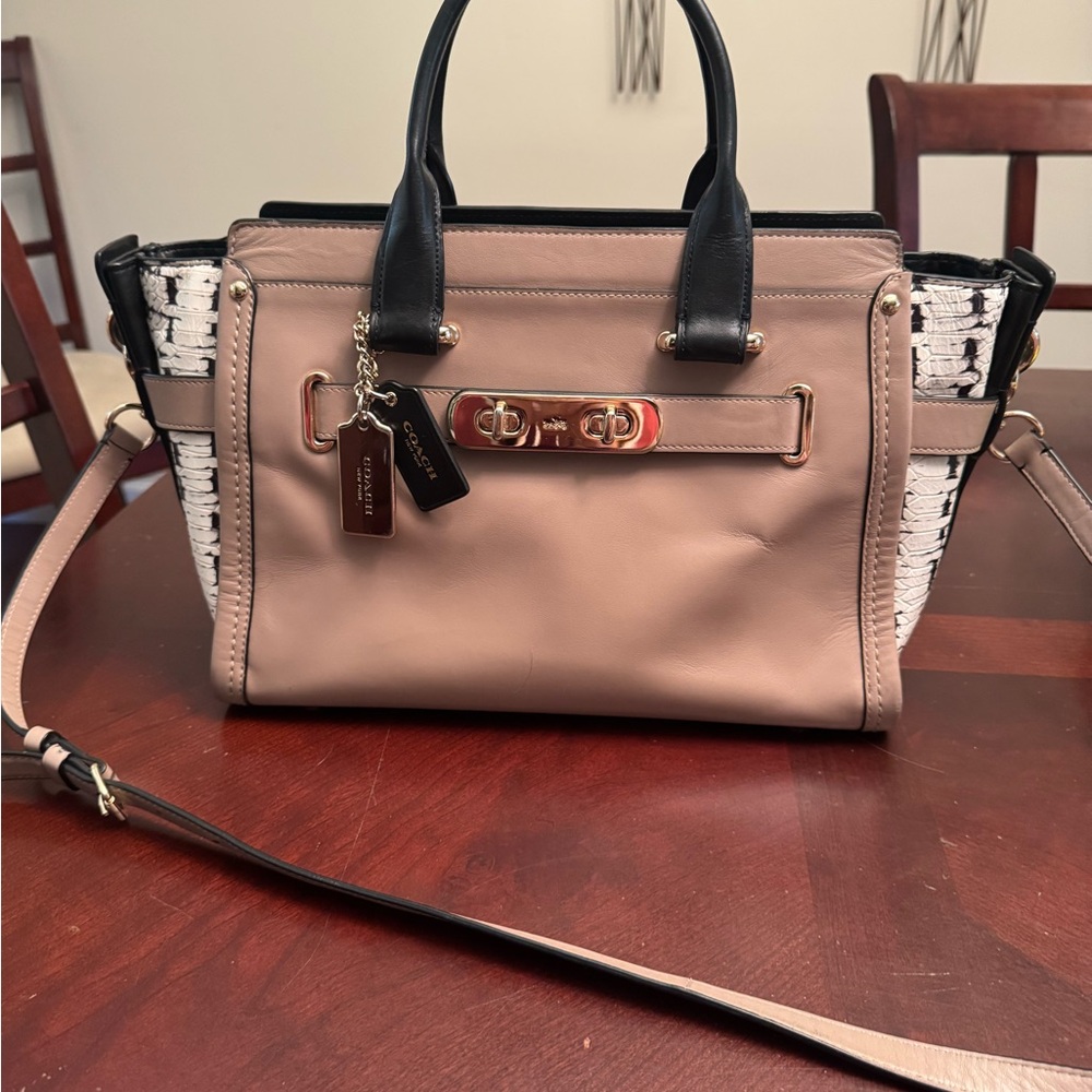 Coach Swagger 27 Large size 16”Leather Blush/Black/snake print color block bag